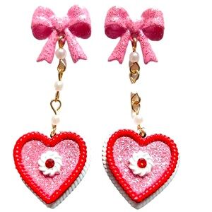 New Betsey Johnson Pink Bow & Heart Cake Dangle Post Earrings.